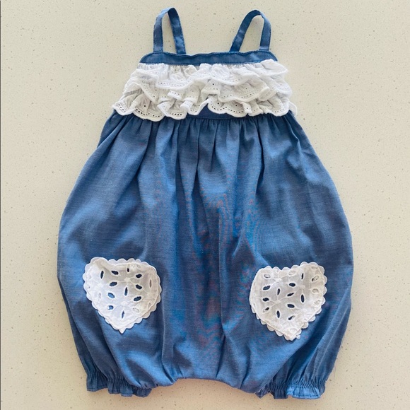 Nannette Baby Girls White & Blue Ruffle Bubble Heart Romper Size 6-9 Months - Picture 2 of 9
